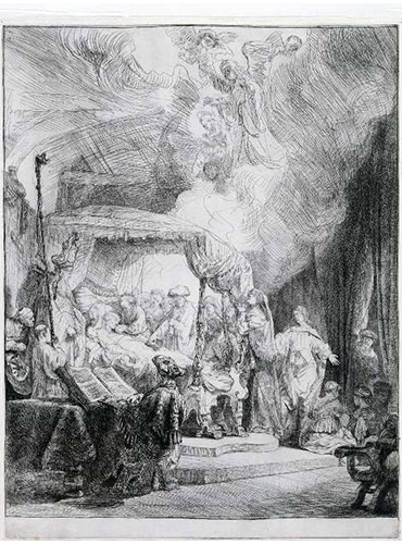 Grabado Rembrandt - La muerte de la Virgen